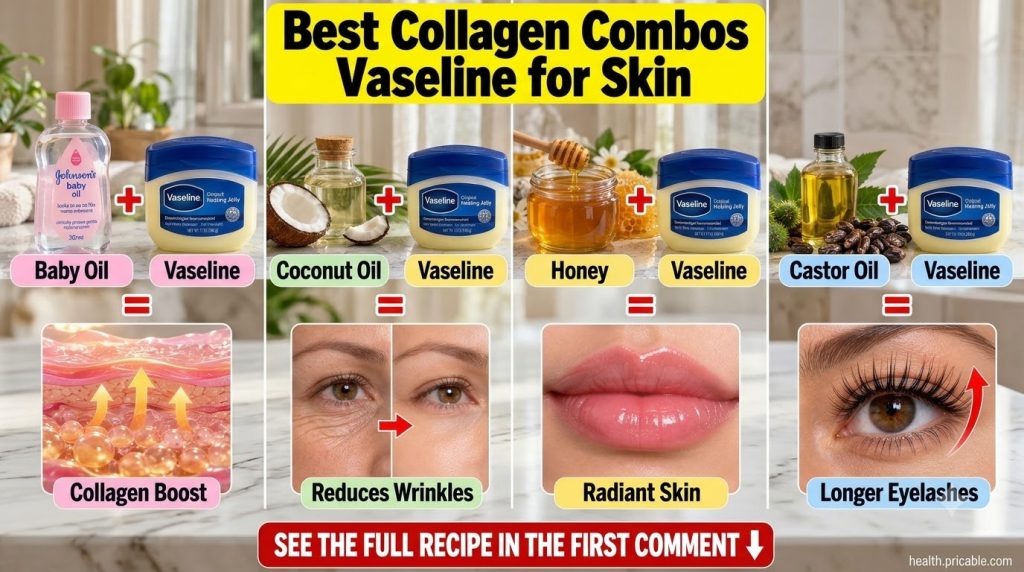 A visual representation of four different DIY beauty hacks using Vaseline combined with common ingredients like baby oil