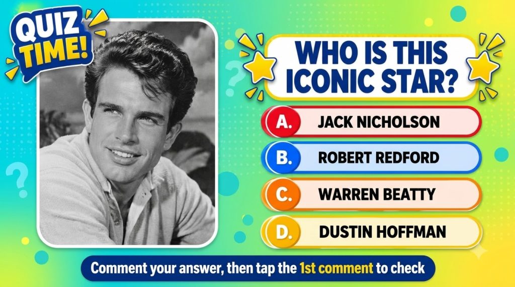 A vibrant quiz card featuring a black and white portrait of a young Warren Beatty asking WHO IS THIS ICONIC STAR with mu