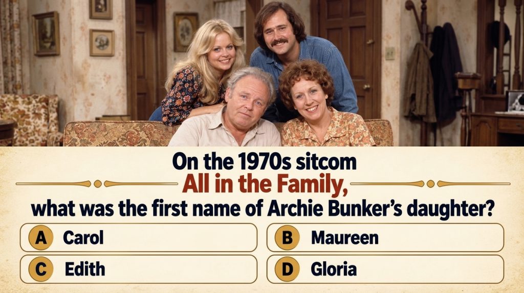 A composite group portrait of the four main actors from All in the Family appearing as a 1970s family An older man and w