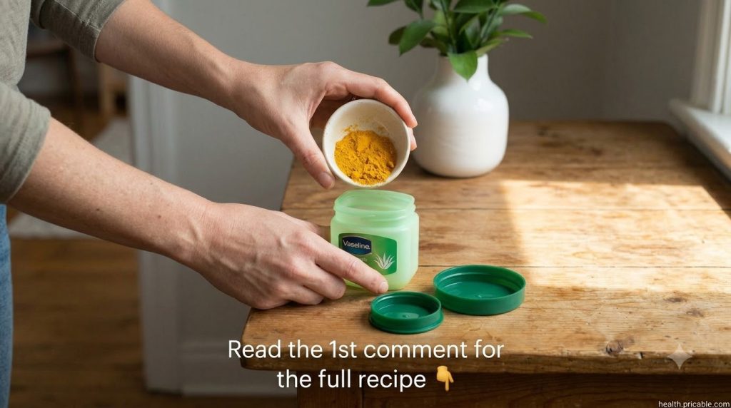 Hands mixing yellow turmeric powder into a jar of petroleum jelly on a wooden table emphasizing the DIY beauty process