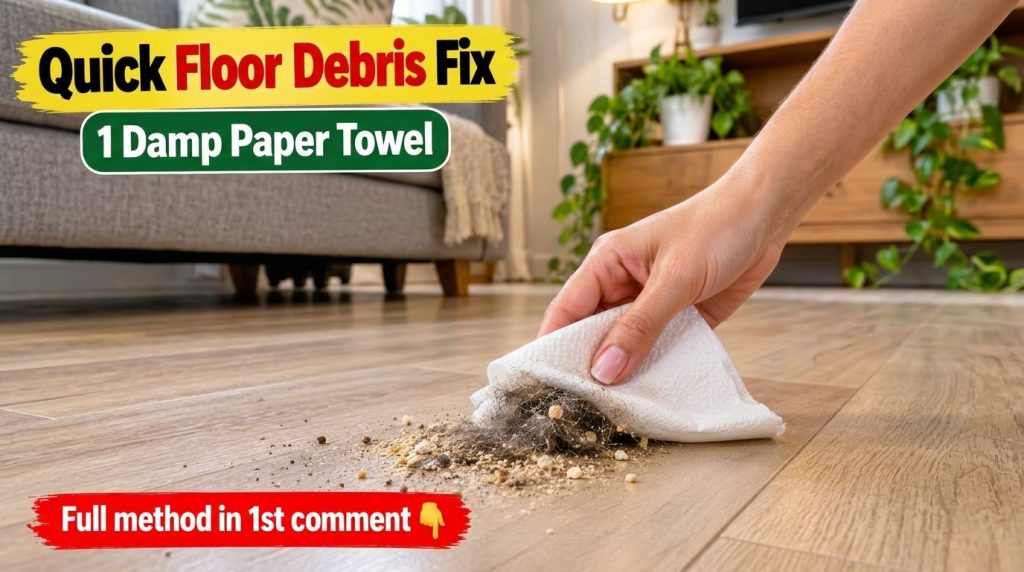 A close-up of a hand picking up small debris dust hair crumbs from a light wood-effect floor