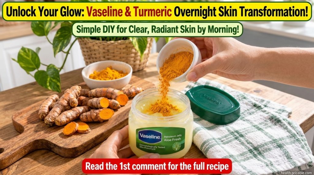 Hands mixing yellow turmeric powder into a jar of Vaseline petroleum jelly on a light wooden surface with fresh turmeric