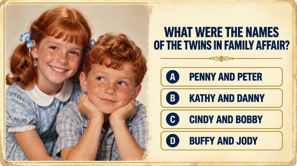 A 1960s publicity photo of two young red-haired Caucasian children a girl and a boy smiling The girl wears a blue floral