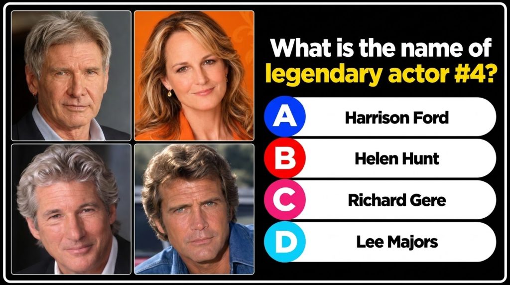 A quiz layout featuring four headshot portraits of famous actors in a 2x2 grid Top-left is Harrison Ford top-right is He