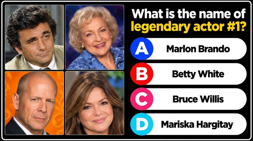 A four-panel grid featuring headshots of Peter Falk top-left Betty White top-right Bruce Willis bottom-left and Mariska