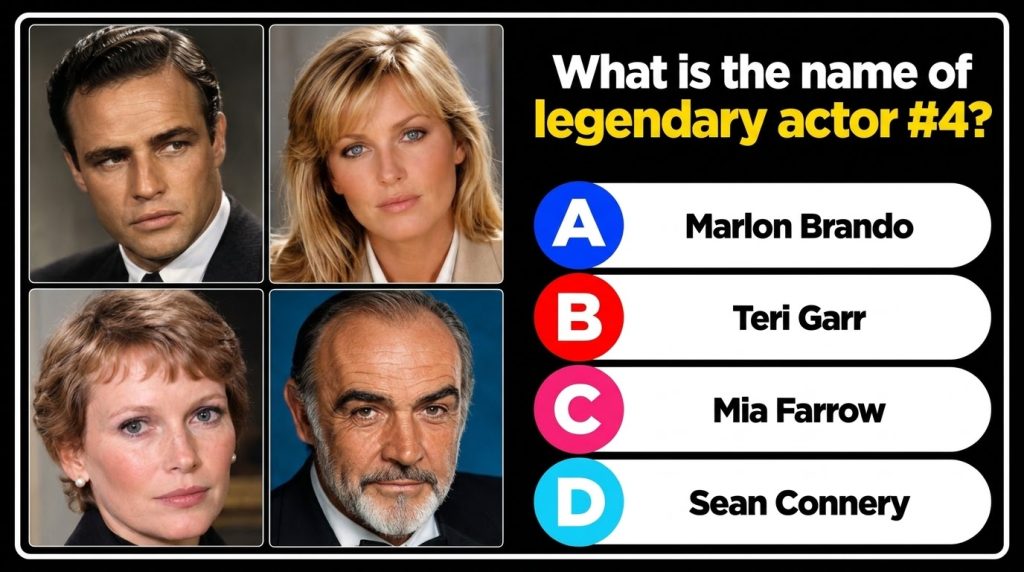 A vertical social media quiz showing four headshots Marlon Brando Cheryl Ladd Mia Farrow and Sean Connery The question a