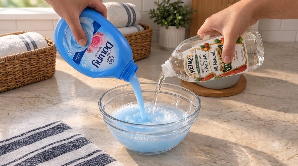 Manos mezclando suavizante de telas y vinagre en un tazón para crear un limpiador multiuso de cocina