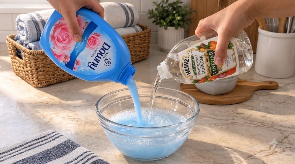 Two hands pouring blue fabric softener from a Downy Ultra bottle and clear white vinegar from a Heinz bottle into a glas