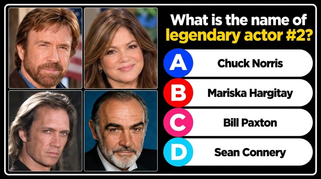 A quiz graphic showing four headshots Chuck Norris Valerie Bertinelli Bill Paxton and Sean Connery The question What is 
