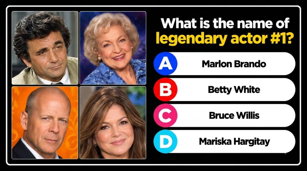 A quiz layout showing four headshots Peter Falk Betty White Bruce Willis and Mariska Hargitay The question Who is legend