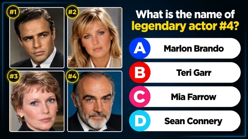 A quiz image featuring four framed headshots of famous actors in a 2x2 grid The top row shows Marlon Brando and Teri Gar