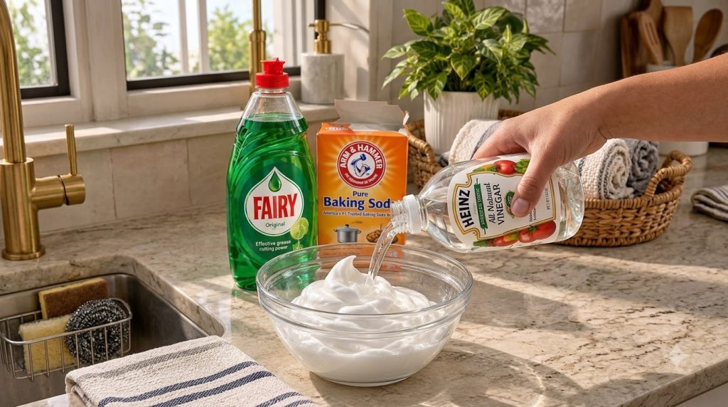 A hand pouring vinegar into a glass bowl containing a white foamy mixture of dish soap and baking soda on a kitchen coun