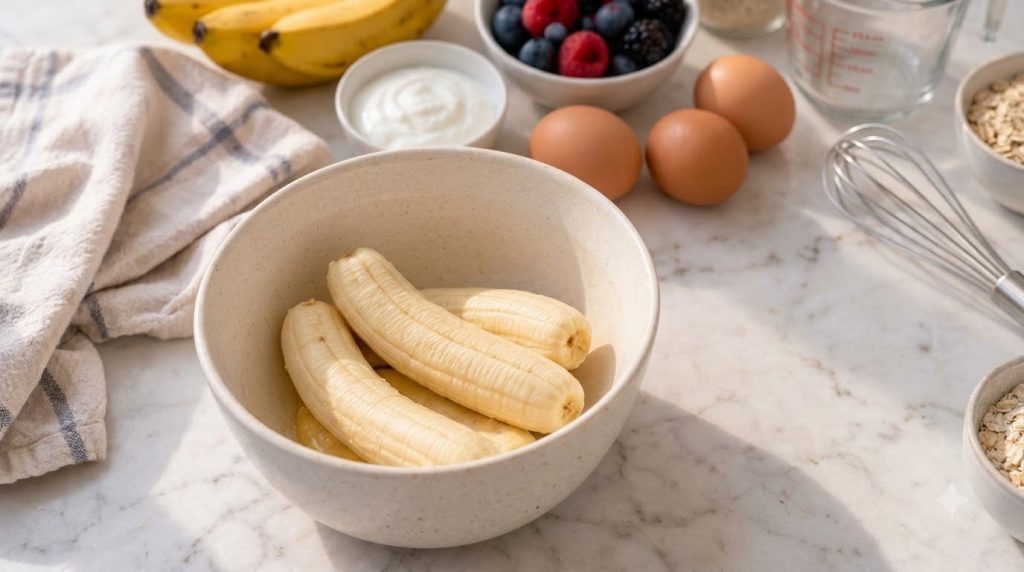 A warm bowl of microwave banana berry delight with mashed banana and mixed berries garnished with a mint leaf