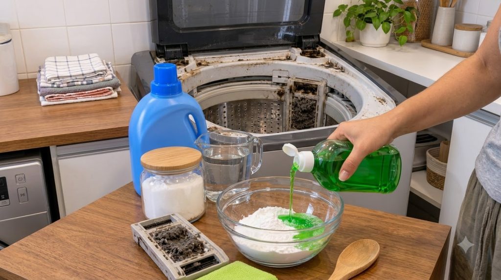 A hand pouring green dish soap into a bowl of white powder baking soda on a wooden counter next to a dirty top-loading w