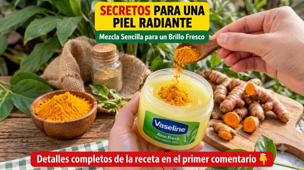 A hand holding a tub of Vaseline Aloe Fresh with another hand pouring vibrant yellow turmeric powder into the clear pale
