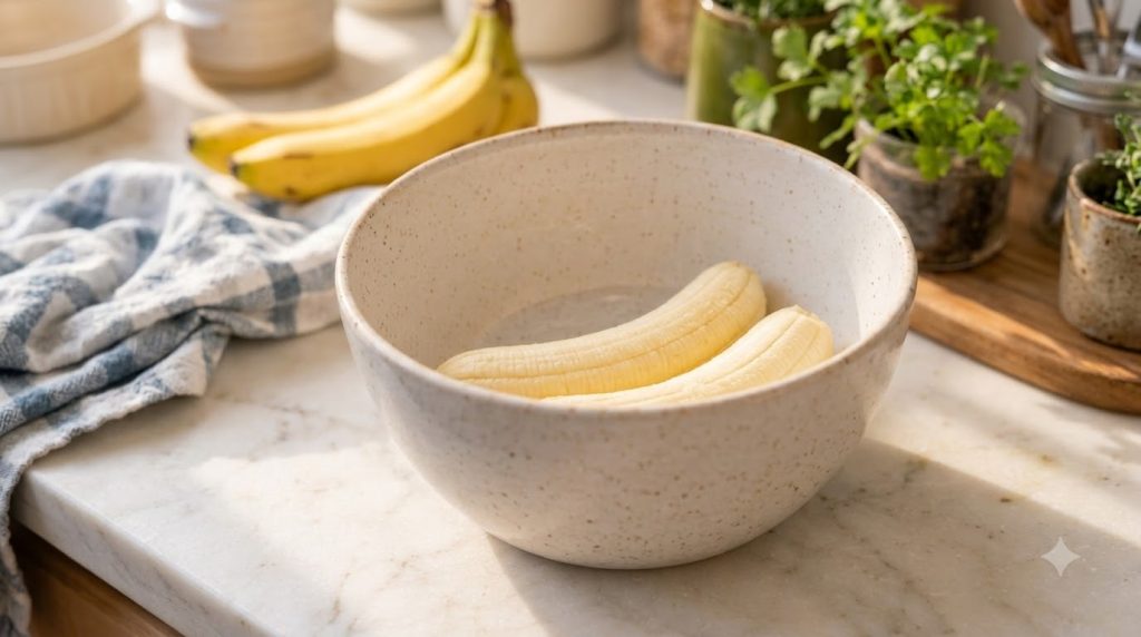 Ripe bananas being mashed in a bowl with a fork