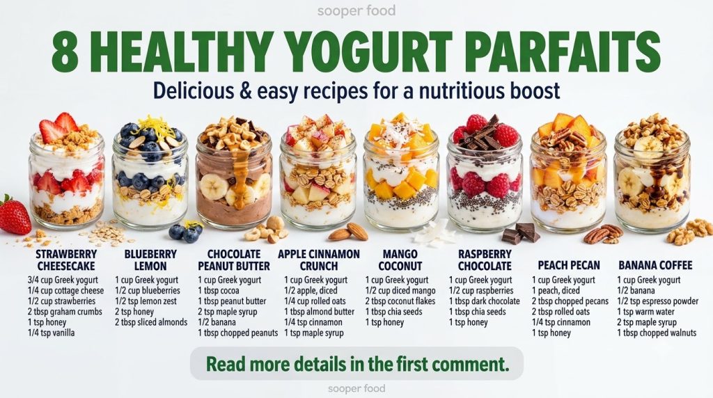 An infographic showing eight different yogurt parfait recipes in glass jars arranged in a clean grid against a white bac