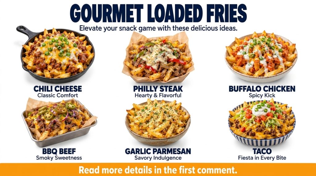 A collage of six different types of loaded fries each in a rustic container against a warm wooden background showcasing 