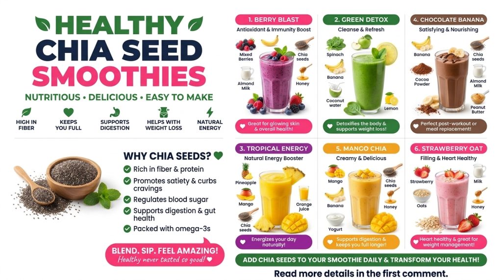 A comprehensive nutrition infographic titled HEALTHY CHIA SEED SMOOTHIES featuring six distinct chia seed smoothie recip