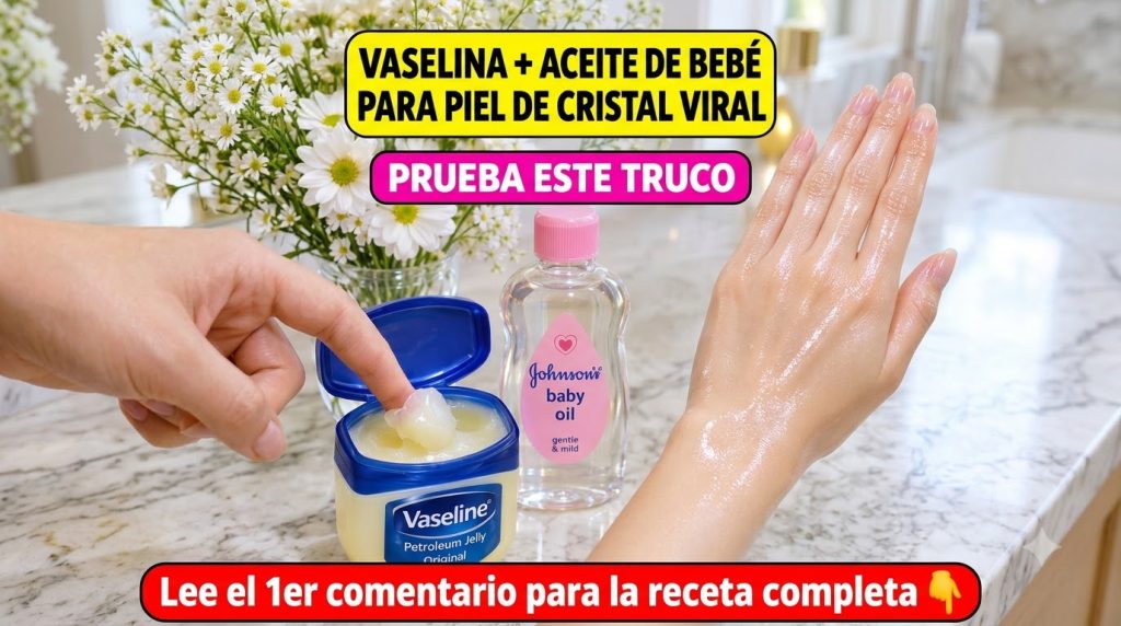 A blue and white tub of petroleum jelly and a clear bottle of baby oil with a hand scooping product from the petroleum j