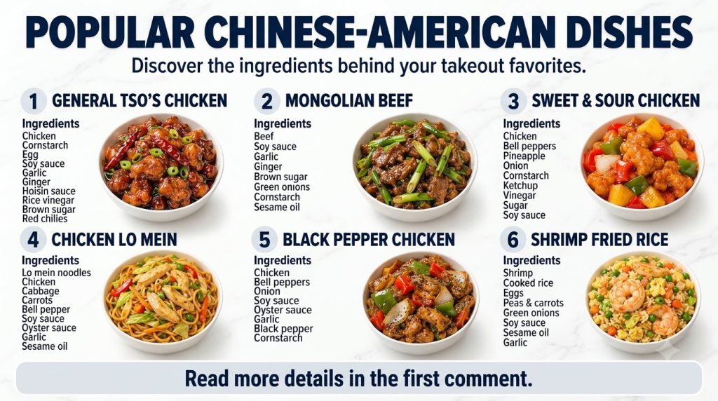 An infographic featuring six popular Chinese-American dishes like General Tso s Chicken Shrimp Fried Rice Sweet and Sour