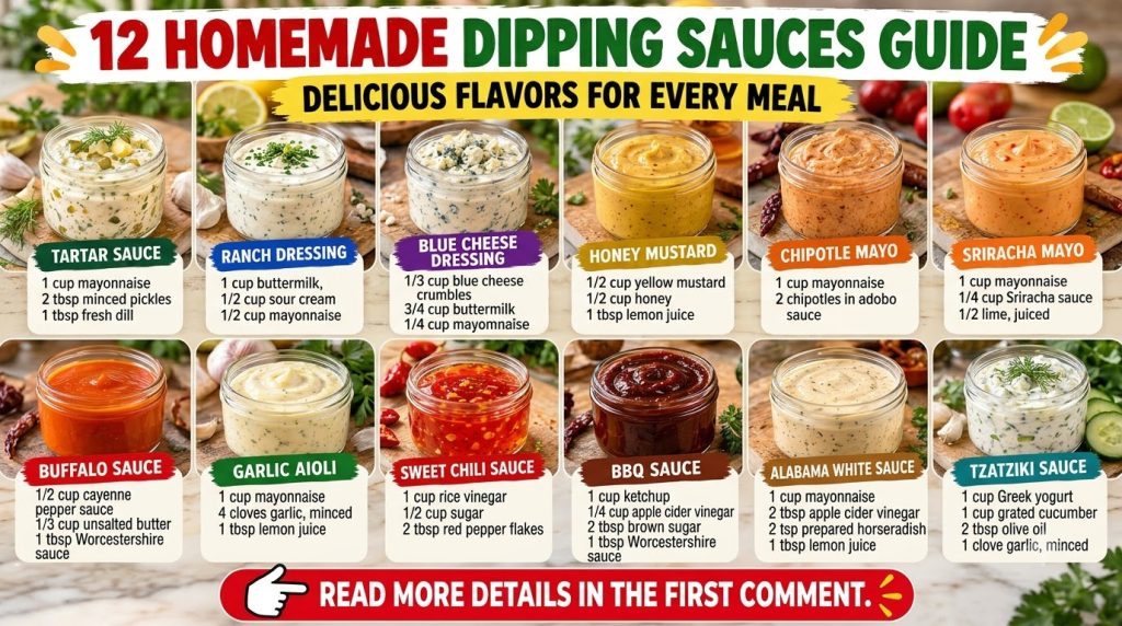 An infographic titled 12 HOMEMADE DIPPING SAUCES GUIDE displaying twelve different dipping sauce recipes in glass jars e