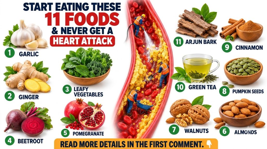 An engaging nutrition infographic featuring a central visual of a human artery being cleaned by miniature construction w