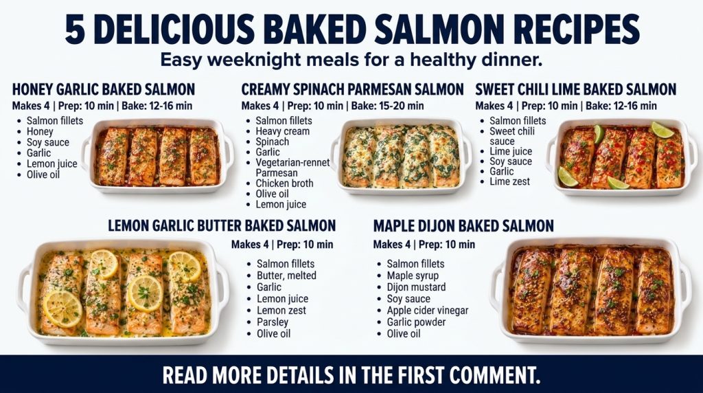 An infographic showing five distinct baked salmon recipes each with a top-down photograph name ingredients and preparati