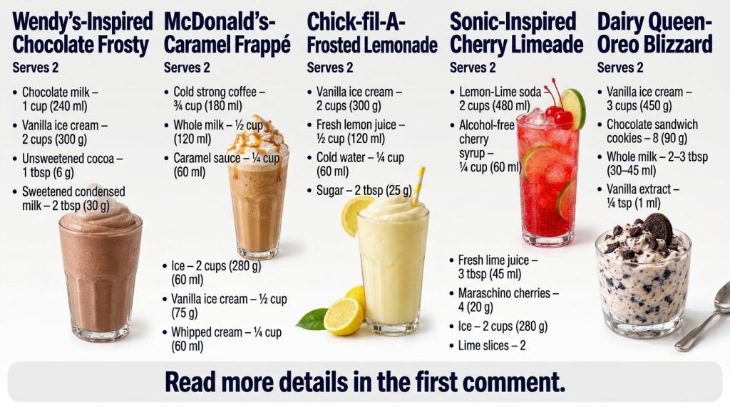An infographic-style image presenting five fast-food inspired beverage and dessert recipes Each recipe includes a title 