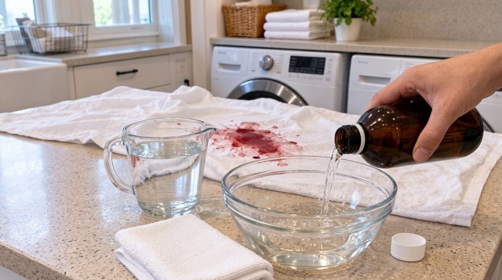 A person pouring hydrogen peroxide from a brown bottle into a glass bowl with water on a countertop with a red-stained w