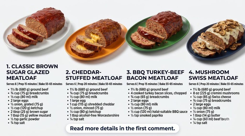 An infographic displaying four different meatloaf recipes classic brown sugar glazed cheddar-stuffed mushroom Swiss and 