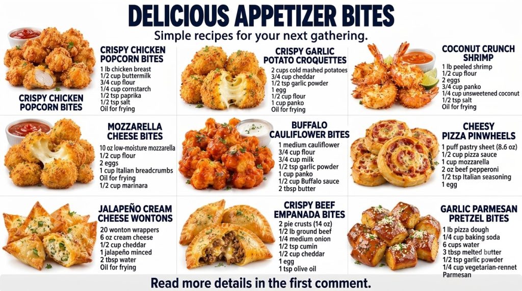 A vibrant and professionally photographed nutrition infographic displaying a 3x3 grid of nine diverse appetizer recipes 