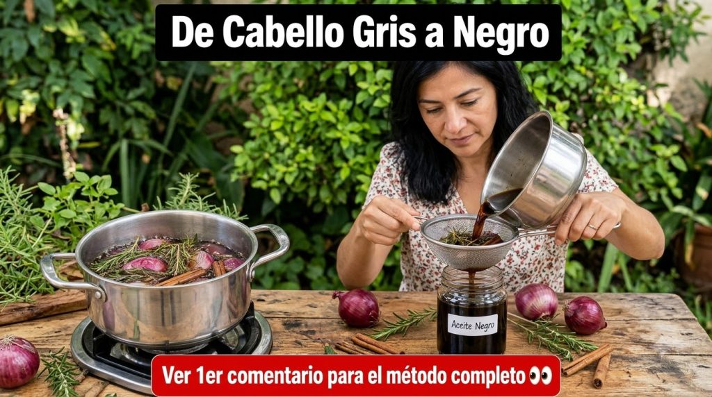 A four-panel collage showing a woman s grey hair before and black hair after with images of red onion rosemary and cinna