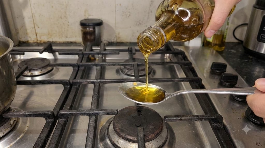 A close-up high-angle view of golden olive oil being poured from a glass bottle into a silver spoon held over a gas stov