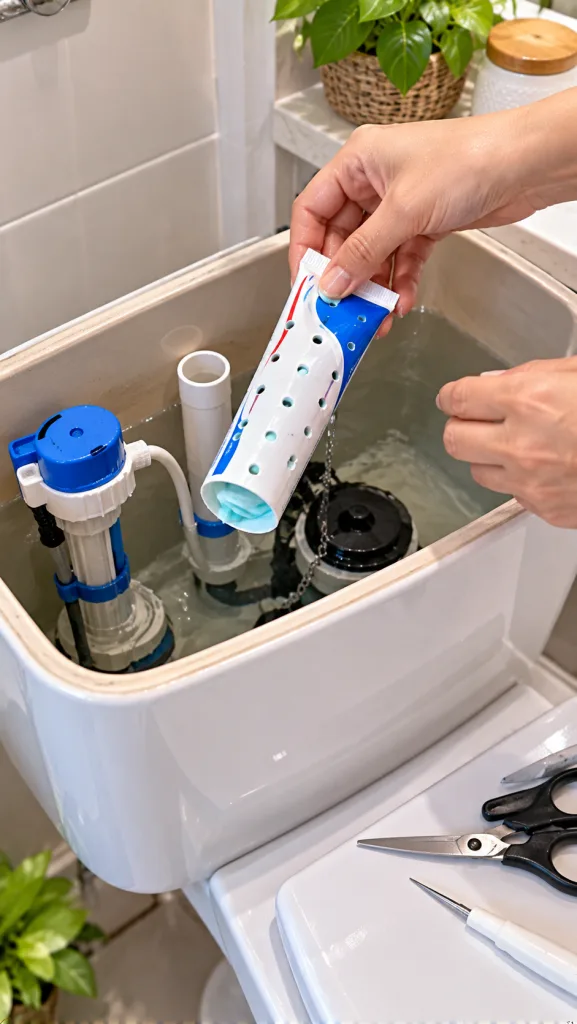 Un par de manos bajan cuidadosamente un tubo de pasta dental modificado en un tanque de inodoro lleno de agua El tubo ti