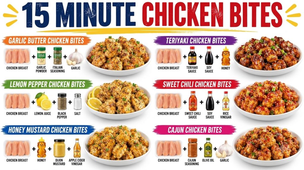 A culinary infographic showing six distinct chicken bite recipes each section with raw ingredients and a final bowl of c