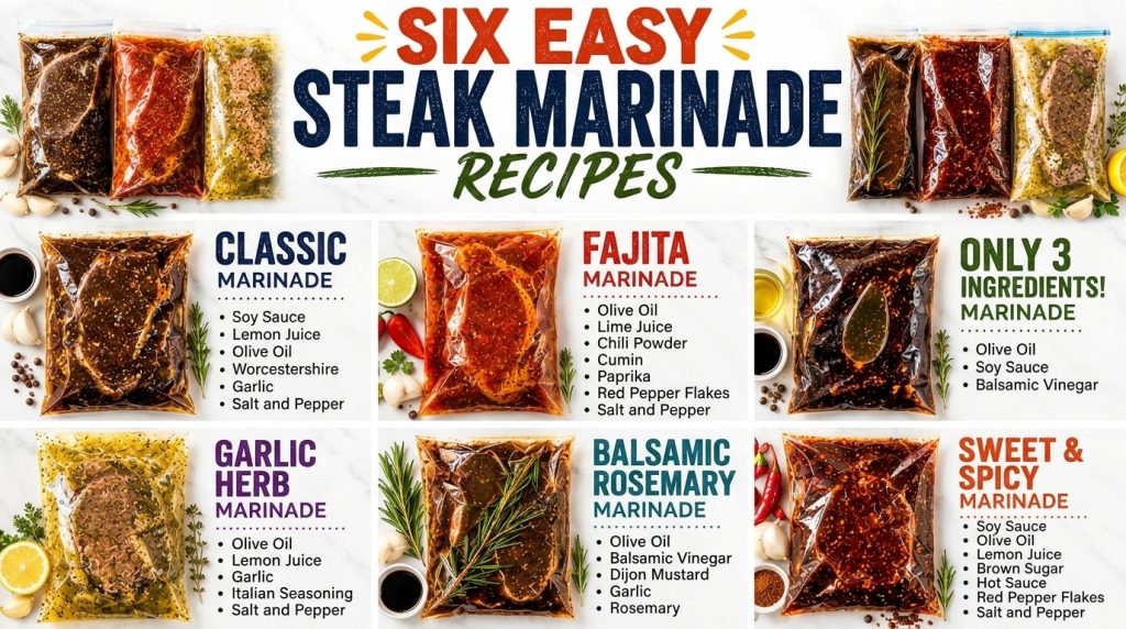 A vibrant infographic displaying six different steak marinade recipes The top shows six vacuum-sealed bags with marinate