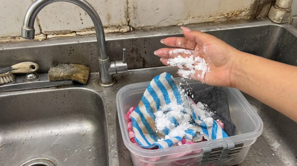 A hand sprinkling white powdery substance likely baking soda onto a stack of colorful folded towels inside a clear plast
