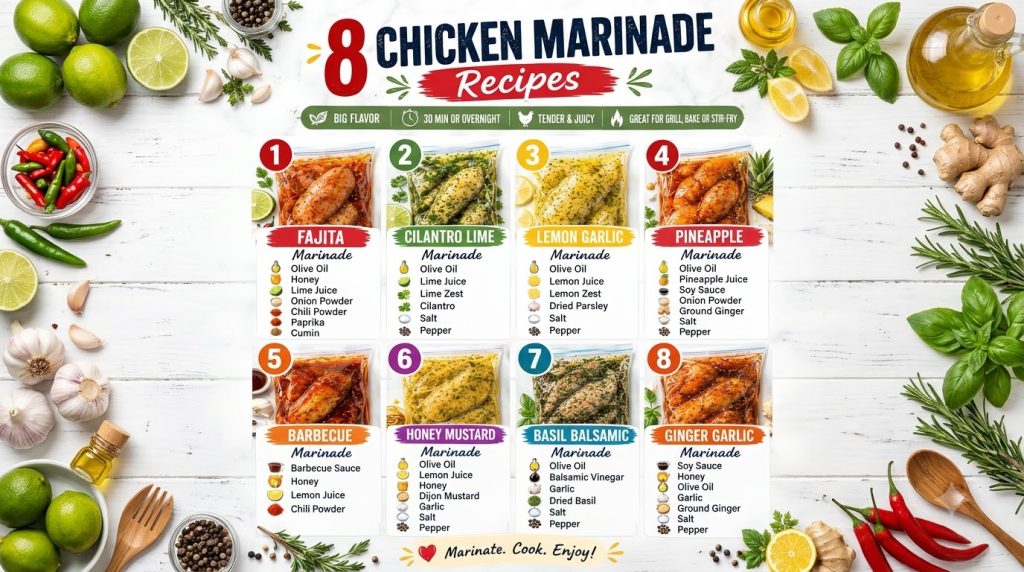 A top-down view of eight distinct chicken marinades each sealed in a clear ziplock bag and arranged in a clean grid Fres