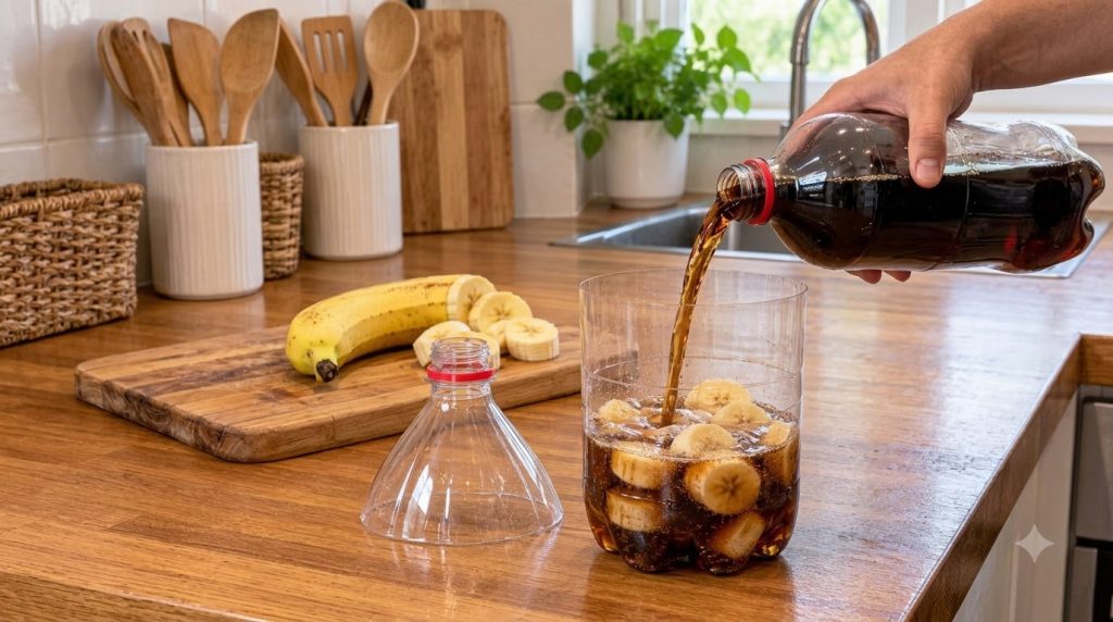 Dark cola being poured from a bottle into a container with sliced bananas on a kitchen counter