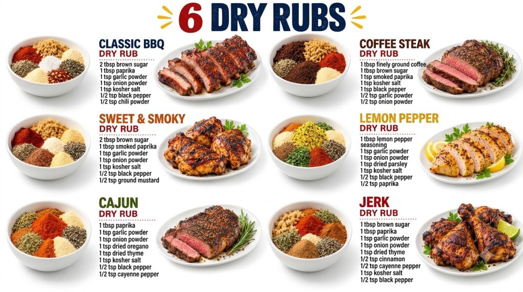 Six distinct dry rub recipes in white bowls with various spices each paired with a corresponding cooked meat dish ribs c