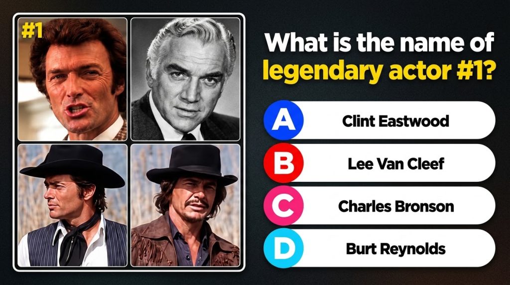 A quiz layout showing four legendary actors in a 2x2 grid Top-left is Clint Eastwood top-right is Lorne Greene bottom-le