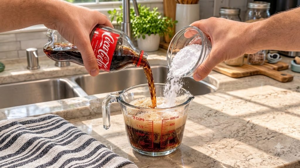 Hands pouring Coca-Cola into a measuring cup next to a bowl of baking soda in a kitchen setting The liquid is frothy as 