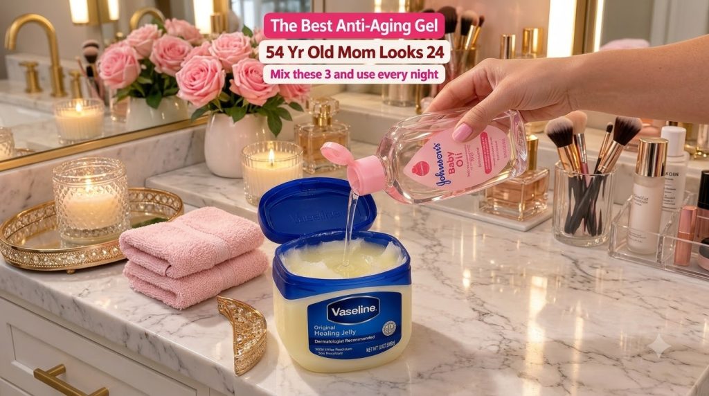 A hand pouring Johnson s Baby Oil into a tub of Vaseline set on a marble surface with a lit candle and pink roses in the