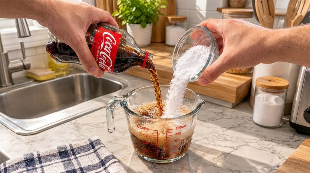 A hand pouring Coca-Cola into a glass measuring cup while another hand adds white powder baking soda from a small bowl i