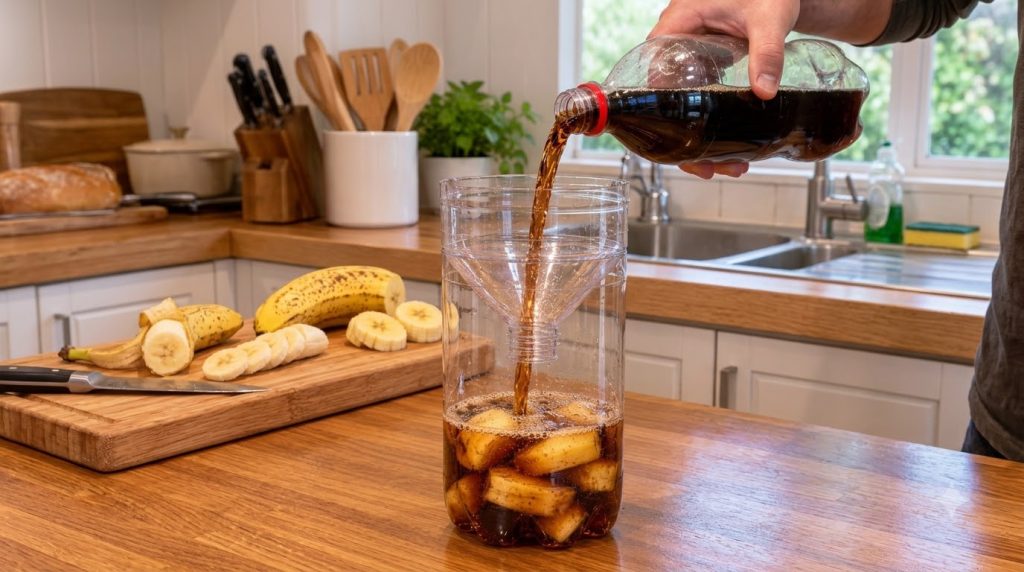 A hand pouring dark cola from a red-capped bottle into a clear plastic container acting as a fruit fly trap with sliced