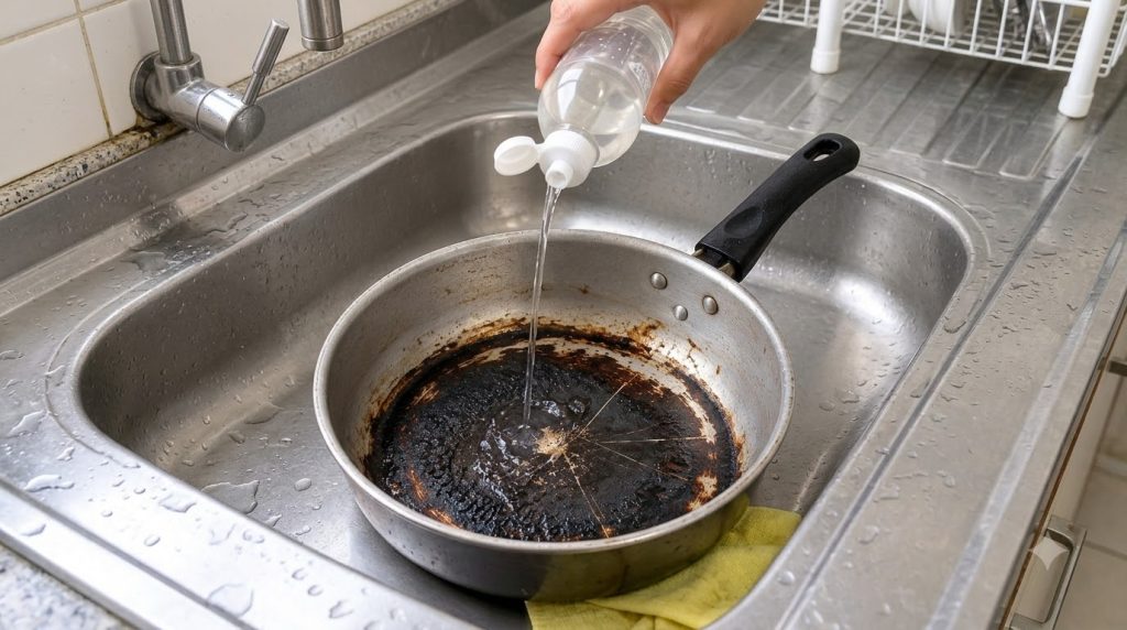 A hand pouring liquid from a clear plastic bottle into a heavily burnt metal frying pan in a stainless steel kitchen sin