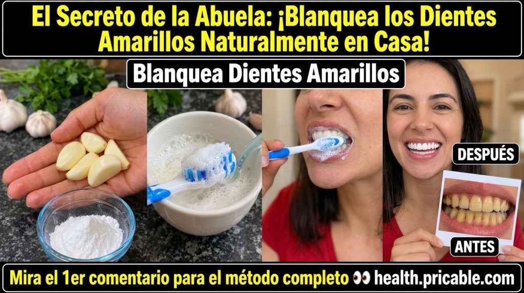 A six-panel grid showing a before-and-after comparison of yellowed teeth becoming white with images of garlic cloves and