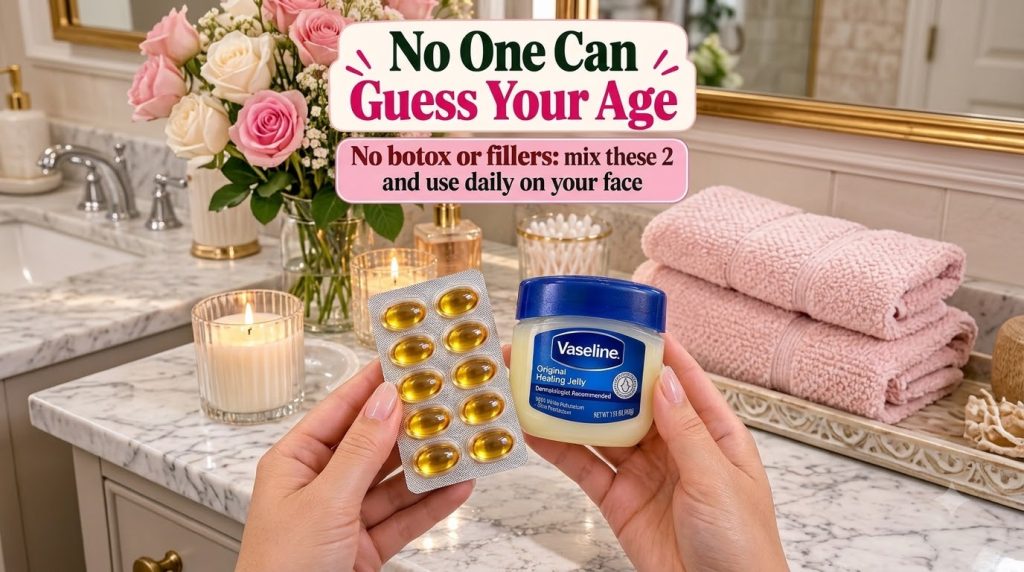 Hands holding a blister pack of golden Vitamin E capsules and a jar of Vaseline Original Healing Jelly against a soft-fo