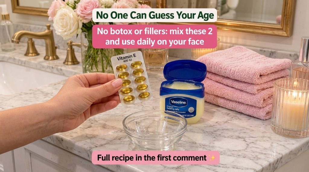 A hand holding a blister pack of Vitamin E capsules and an open jar of Vaseline Original Healing Jelly next to an empty 